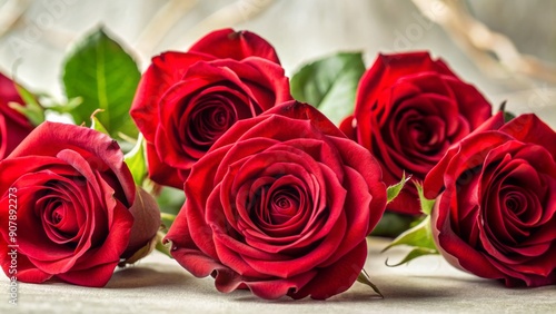 Wallpaper Mural Delicate, velvety red roses in full bloom, symbolizing passion, romance, and elegance, against a soft, creamy white background, exuding love and beauty. Torontodigital.ca