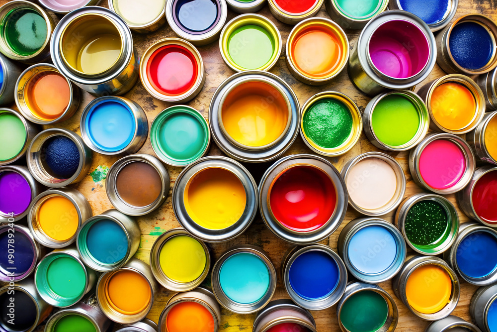 Bright colorful background with metal round cans of multicolored liquid paints, top view. Painting works Bright colorful background with metal round cans of multicolored liquid paints, top view. Painting works