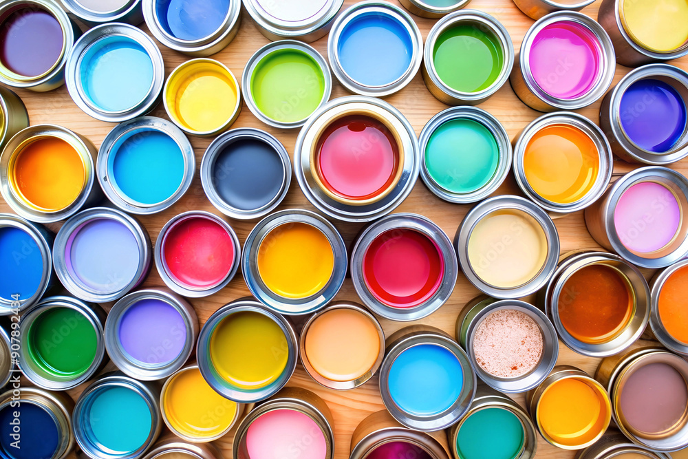 Bright colorful background with metal round cans of multicolored liquid paints, top view. Painting works Bright colorful background with metal round cans of multicolored liquid paints, top view. Painting works
