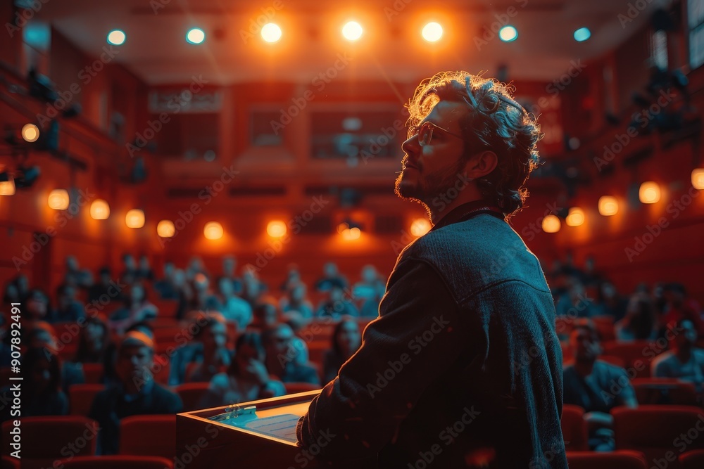 Speaker giving a presentation in a well-lit auditorium with an attentive audience in the background. Speaker giving a presentation in a well-lit auditorium with an attentive audience in the background.