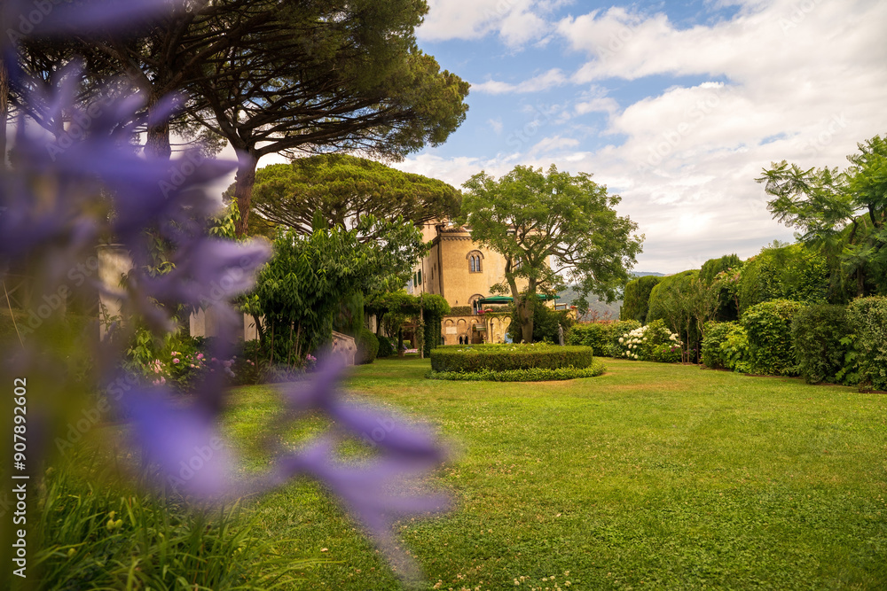 Beautiful Garden With Historic House Surrounded By Trees, cimbrone villa in Ravello, Italy