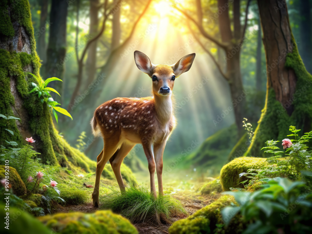 A gentle curious fawn ventures into the mystical forest, surrounded by lush greenery, twinkling sunlight, and ancient trees, filled with wonder and innocence. A gentle curious fawn ventures into the mystical forest, surrounded by lush greenery, twinkling sunlight, and ancient trees, filled with wonder and innocence.