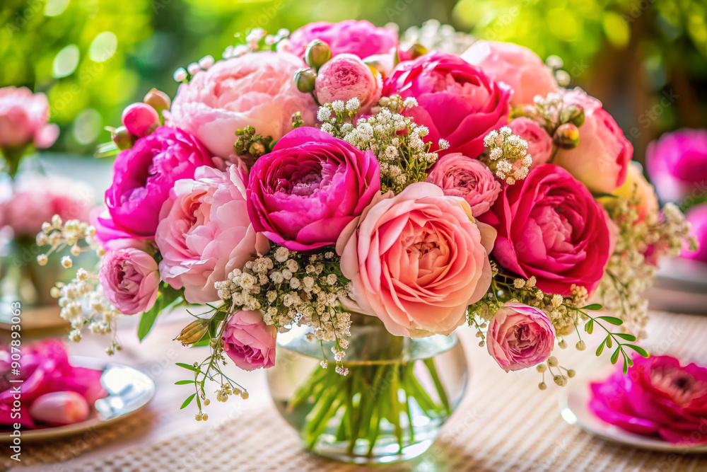 Vibrant pink roses, peonies, and baby's breath flowers artfully arranged in a lush bouquet on a elegant table, creating a beautiful and serene atmosphere. Vibrant pink roses, peonies, and baby's breath flowers artfully arranged in a lush bouquet on a elegant table, creating a beautiful and serene atmosphere.