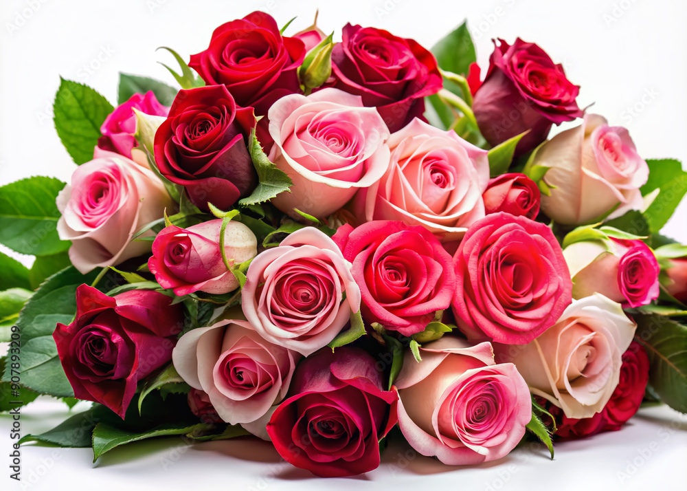 Fresh pink and red roses with delicate petals and lush green leaves against a crisp white background, providing ample copy space for text or design elements. Fresh pink and red roses with delicate petals and lush green leaves against a crisp white background, providing ample copy space for text or design elements.