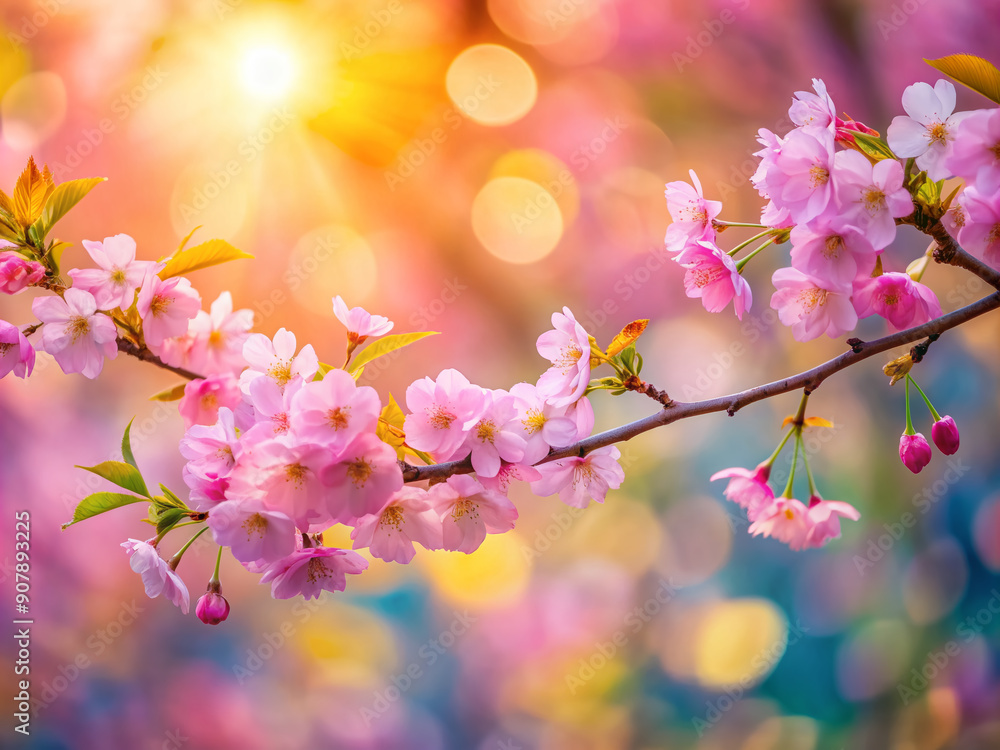 Obraz premium Delicate pink blossoms adorn a curved tree branch, set against a vibrant, colorful bokeh background, offering ample copy space for text, evoking springtime serenity.