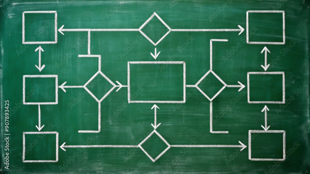 Chalk-drawn diagram on a dark green blackboard shows a complex decision-making process with arrows and boxes illustrating steps and outcomes in a logical sequence. Chalk-drawn diagram on a dark green blackboard shows a complex decision-making process with arrows and boxes illustrating steps and outcomes in a logical sequence.