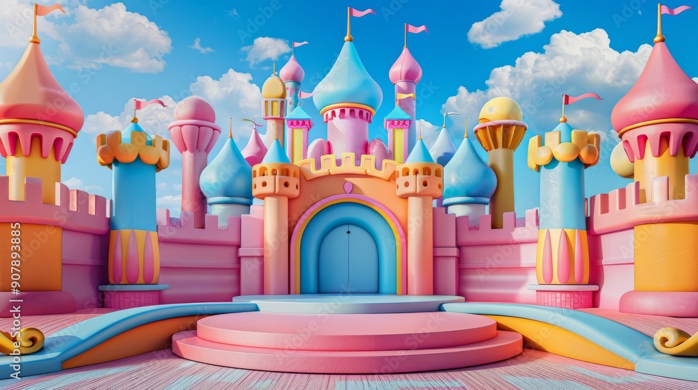 Colorful fairytale castle with towers and flags under a vibrant blue sky, whimsical playground, childhood fantasy, bright and cheerful scene. Colorful fairytale castle with towers and flags under a vibrant blue sky, whimsical playground, childhood fantasy, bright and cheerful scene.