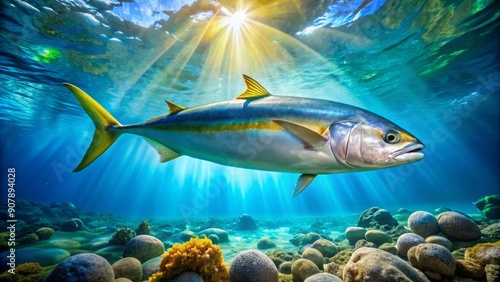 A vibrant yellowtail kingfish swims majestically through the crystal-clear blue ocean, its iridescent scales shimmering in the sunlight, surrounded by coral reef and seaweed.