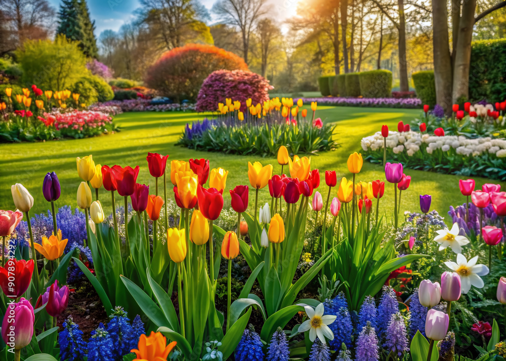 Vibrant spring garden with lush green lawn showcasing a kaleidoscope of blooming flowers, including tulips, daffodils, and hyacinths, in a stunning mixborder arrangement. Vibrant spring garden with lush green lawn showcasing a kaleidoscope of blooming flowers, including tulips, daffodils, and hyacinths, in a stunning mixborder arrangement.