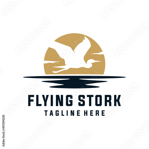Sunset Sun with Flying Stork Heron Bird over the River Creek lake grass silhouette nature wildlife logo design