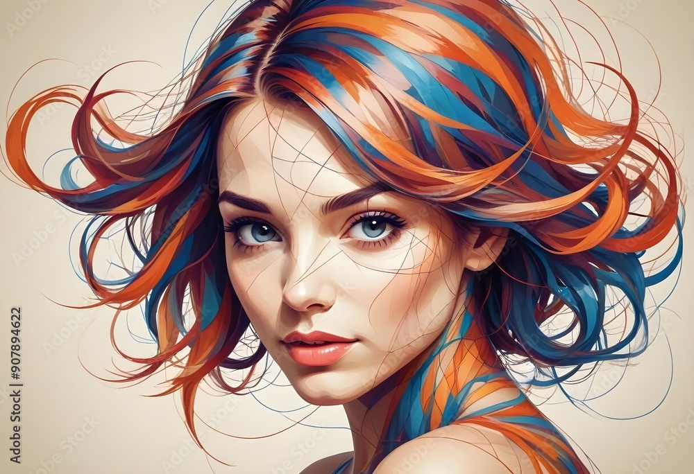 Obraz premium portrait of a woman with long hair blue-orange color