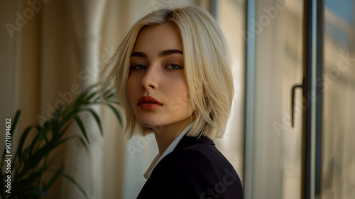 Beautiful woman with a platinum bob, light makeup, and an elegant business suit.