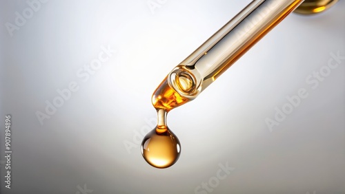 Wallpaper Mural Macro shot of a pipette holding a single droplet of shimmering cosmetic oil, suspended in mid-air, against a pure white background. Torontodigital.ca