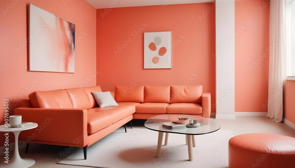 Minimalist interior design characterizes a modern living room with a colorful multicolored leather sofa against a coral-colored wall with ample copy space Minimalist interior design characterizes a modern living room with a colorful multicolored leather sofa against a coral-colored wall with ample copy space