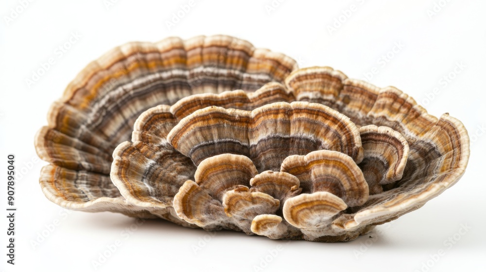 Turkey tail mushrooms displayed in a spiral pattern, emphasizing their natural beauty on a white background. Turkey tail mushrooms displayed in a spiral pattern, emphasizing their natural beauty on a white background.