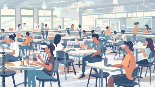 People Eating in a Modern Cafeteria.