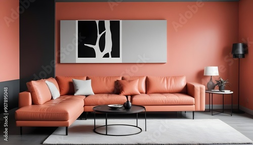 Wallpaper Mural Minimalist interior design characterizes a modern living room with a colorful multicolored leather sofa against a coral-colored wall with ample copy space Torontodigital.ca