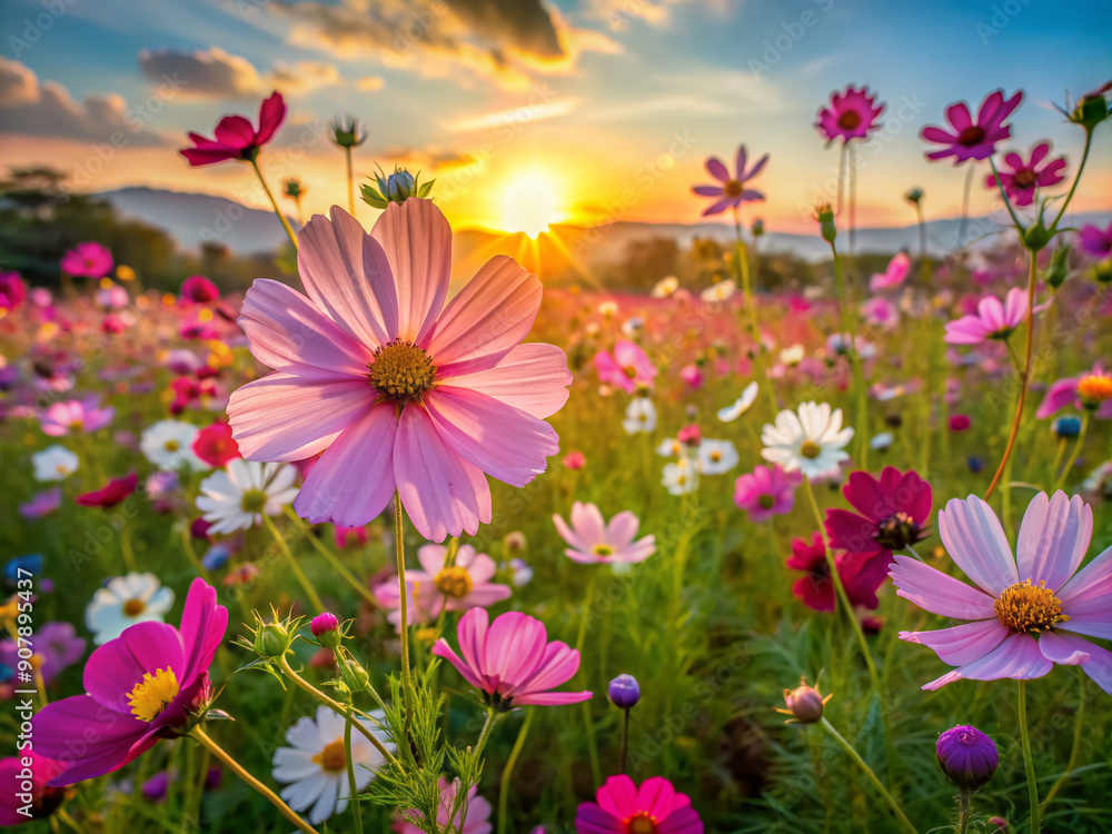Vibrant cosmos flowers sway gently in a serene spring meadow, surrounded by a kaleidoscope of colorful wildflowers, bathed in warm, soft-focused sunlight at sunset. Vibrant cosmos flowers sway gently in a serene spring meadow, surrounded by a kaleidoscope of colorful wildflowers, bathed in warm, soft-focused sunlight at sunset.