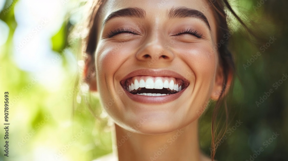 Woman with a radiant smile and sparkling teeth, laughing joyfully outdoors. Woman with a radiant smile and sparkling teeth, laughing joyfully outdoors.