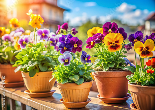 Vibrant mixed spring flowers, including delicate Viola Cornuta and pansies, bloom in decorative pots on a sunny balcony, creating a colorful and inviting atmosphere.