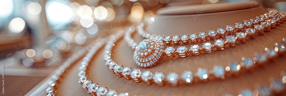 Close-up of elegant diamond necklaces displayed on a mannequin, showcasing intricate design and sparkling beauty. Perfect for fashion and jewelry themes. Close-up of elegant diamond necklaces displayed on a mannequin, showcasing intricate design and sparkling beauty. Perfect for fashion and jewelry themes.