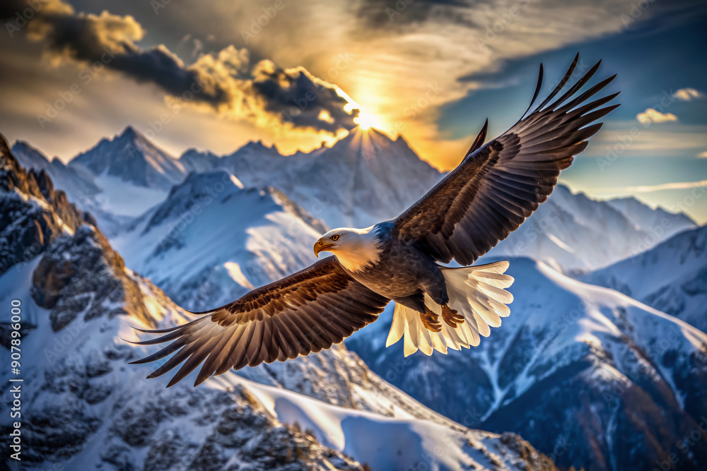 Fototapeta premium Majestic eagle spreads wings, soaring above snow-dusted mountain peaks, scanning the rugged landscape below with piercing gaze, symbolizing freedom and power.