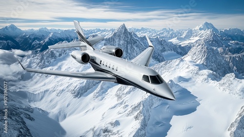 aerial view of a jet flying over snowy mountains, ample copy space, more clarity with clear light and sharp focus, high detailed