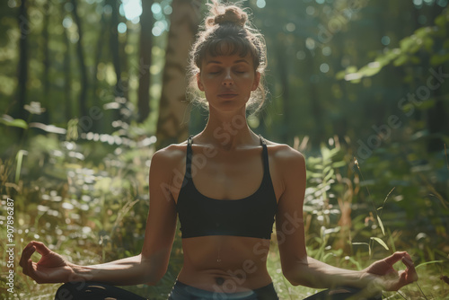 A serene yoga practitioner meditating in a tranquil natural setting, copy space, High quality,