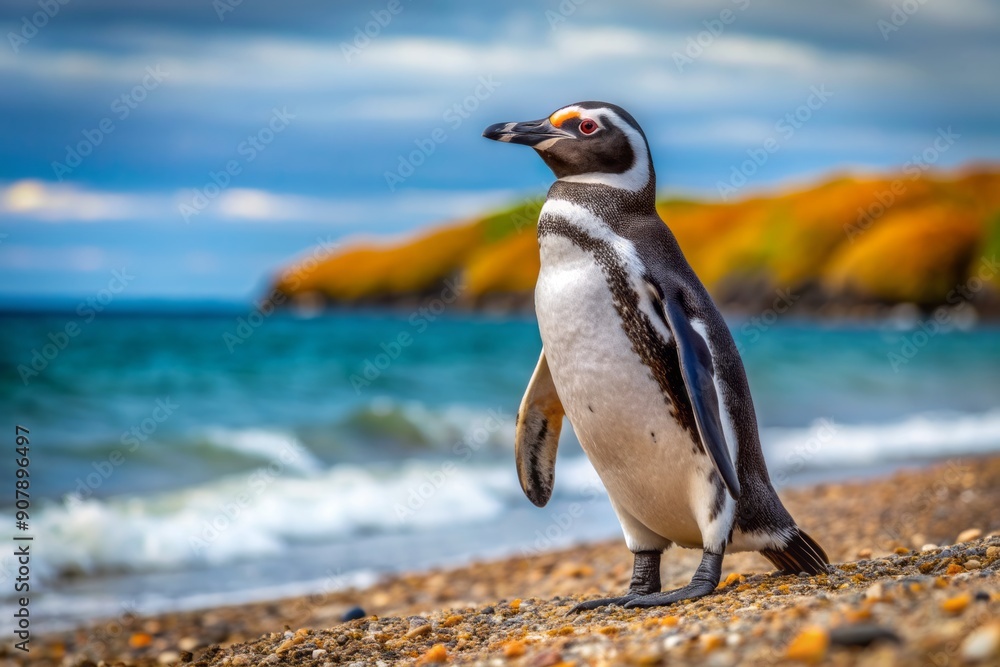 Fototapeta premium A solitary Magellanic penguin stands along the windswept beach on a remote island in the Beagle Channel, Argentina, its distinctive black and white feathers glistening.