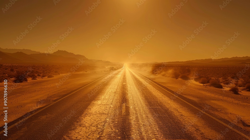A scenic view of a desert highway stretching into the distance, with the heat rising from the asphalt creating a mirage effect on the horizon. A scenic view of a desert highway stretching into the distance, with the heat rising from the asphalt creating a mirage effect on the horizon.