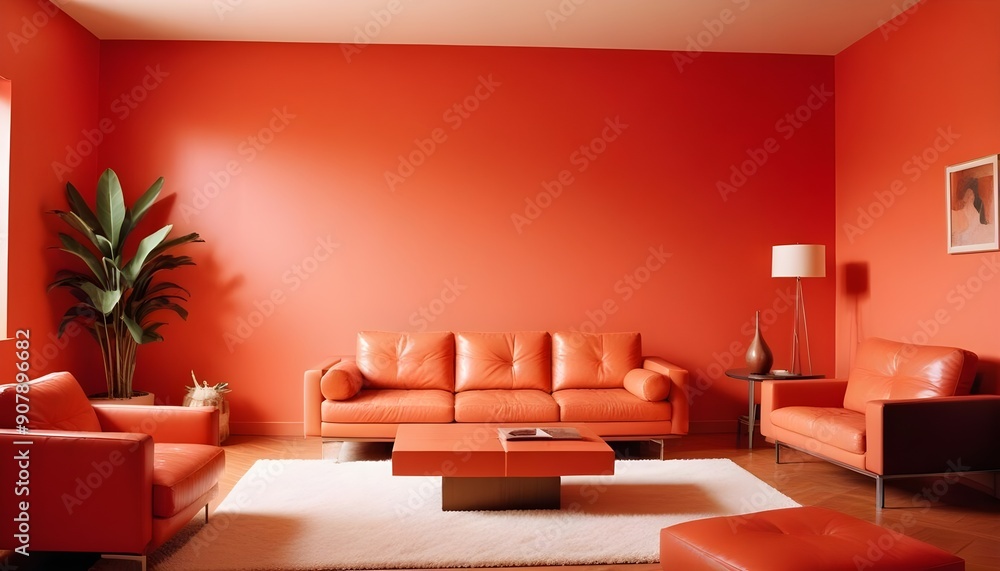 Minimalist interior design characterizes a modern living room with a colorful multicolored leather sofa against a coral-colored wall with ample copy space Minimalist interior design characterizes a modern living room with a colorful multicolored leather sofa against a coral-colored wall with ample copy space