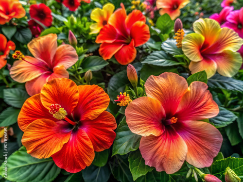 Wallpaper Mural Vibrant hibiscus flowers bloom in a tropical setting, showcasing a rich palette of bold reds and vibrant oranges with delicate petals and leafy greens. Torontodigital.ca