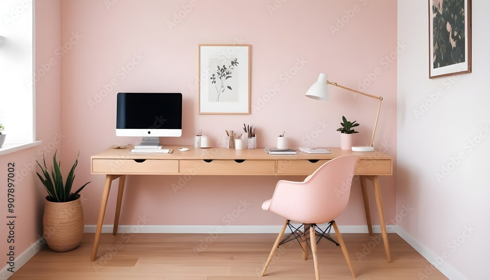 A modern home office includes a wooden desk and office chair positioned against a white wall This Scandinavian interior design of the modern living room provides a comfortable workplace A modern home office includes a wooden desk and office chair positioned against a white wall This Scandinavian interior design of the modern living room provides a comfortable workplace