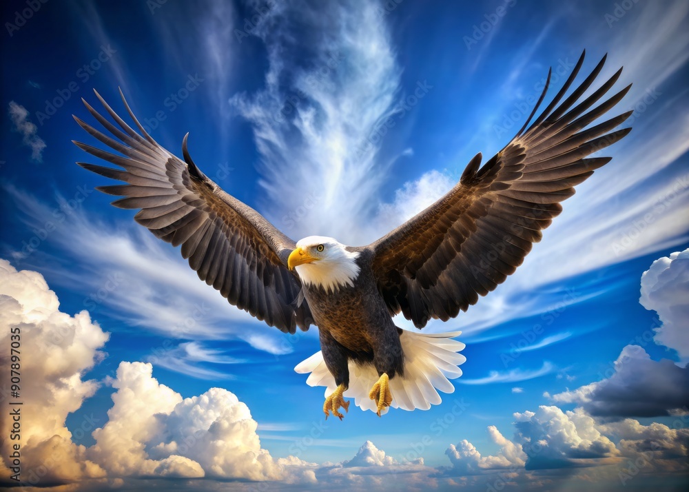 Obraz premium Isolated majestic bald eagle spreads wide wings, soaring effortlessly against a brilliant blue sky with puffy white clouds, exuding freedom and majesty.