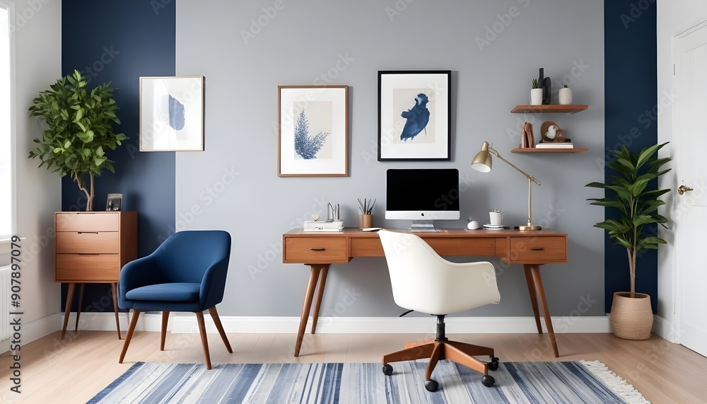 A modern home office includes a wooden desk and office chair positioned against a white wall This Scandinavian interior design of the modern living room provides a comfortable workplace A modern home office includes a wooden desk and office chair positioned against a white wall This Scandinavian interior design of the modern living room provides a comfortable workplace