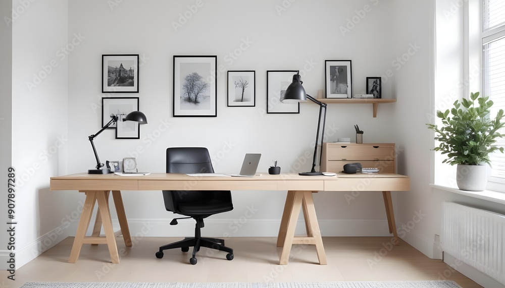 A modern home office includes a wooden desk and office chair positioned against a white wall This Scandinavian interior design of the modern living room provides a comfortable workplace A modern home office includes a wooden desk and office chair positioned against a white wall This Scandinavian interior design of the modern living room provides a comfortable workplace