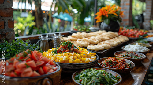 Colorful Colombian bandeja paisa arepas served at a vibrant product launch event in Bogot Colombia