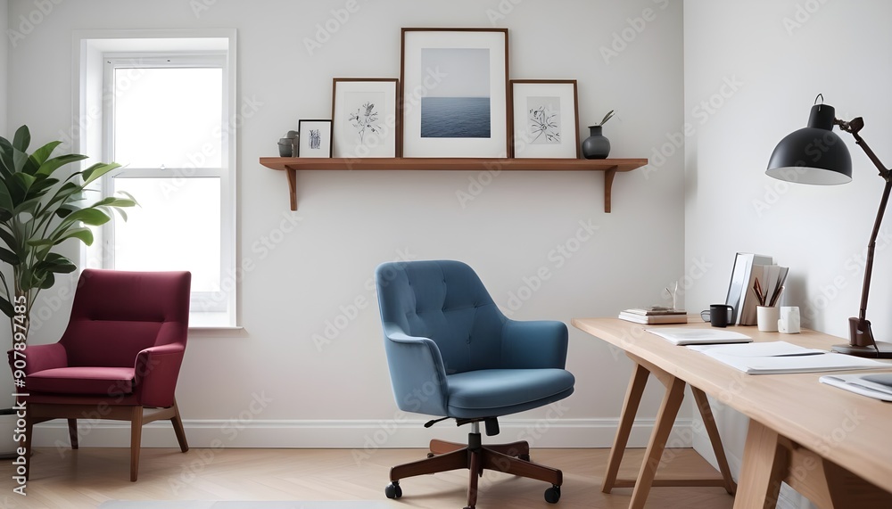 A modern home office includes a wooden desk and office chair positioned against a white wall This Scandinavian interior design of the modern living room provides a comfortable workplace A modern home office includes a wooden desk and office chair positioned against a white wall This Scandinavian interior design of the modern living room provides a comfortable workplace
