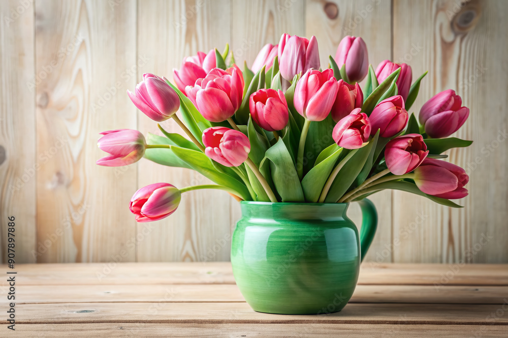 Vibrant fresh pink tulips bouquet arranged in a simple green vase on a cozy wooden table against a soft blurred white background. Vibrant fresh pink tulips bouquet arranged in a simple green vase on a cozy wooden table against a soft blurred white background.