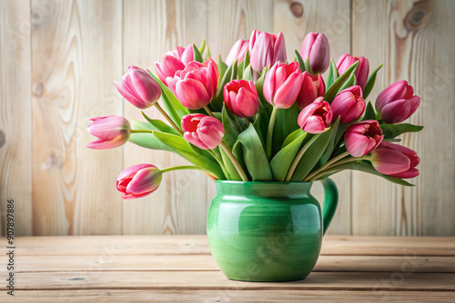 Wallpaper Mural Vibrant fresh pink tulips bouquet arranged in a simple green vase on a cozy wooden table against a soft blurred white background. Torontodigital.ca
