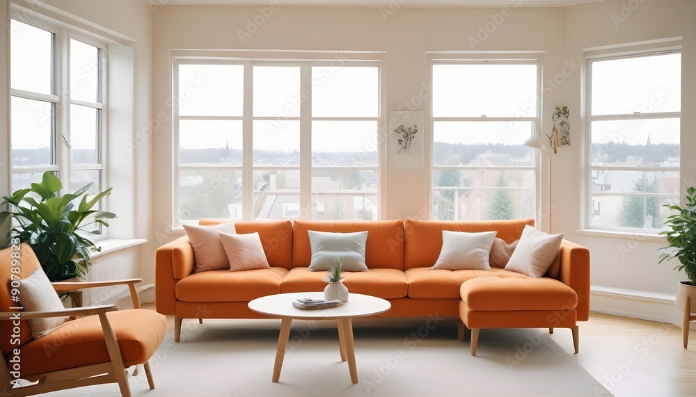 Scandinavian style interior design of a modern living room in a cozy serene studio apartment with an orange sofa Scandinavian style interior design of a modern living room in a cozy serene studio apartment with an orange sofa