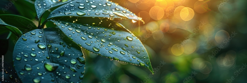 Close-up of leaves with fresh morning dew drops glowing in sunlight, creating a serene and natural atmosphere. Close-up of leaves with fresh morning dew drops glowing in sunlight, creating a serene and natural atmosphere.