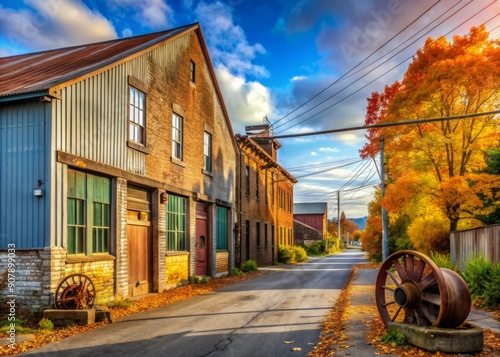 Rusty metal machinery and worn concrete walls line a quiet, industrial street in Shelburne, Nova Scotia, on a crisp autumn morning. photo