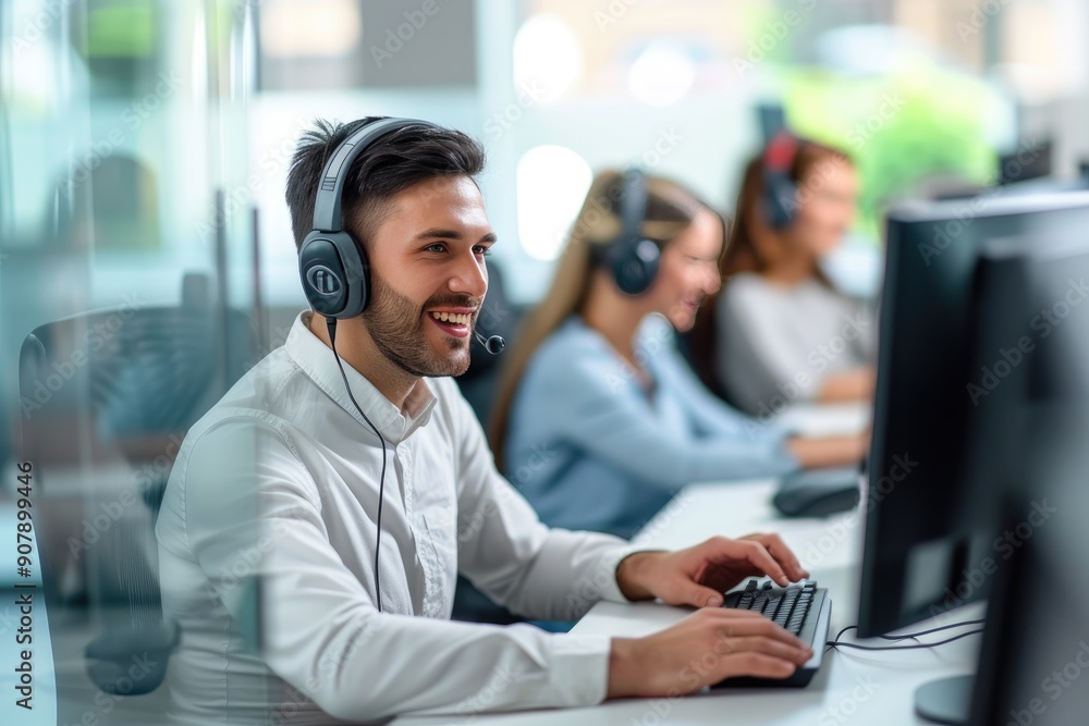 Young Male Customer Service Agent with Headset Smiling at Computer Young Male Customer Service Agent with Headset Smiling at Computer