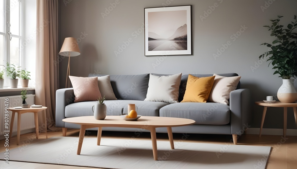 Fototapeta premium Scandinavian style home interior design of the modern living room incorporates a grey sofa, adding simplicity and elegance to the space
