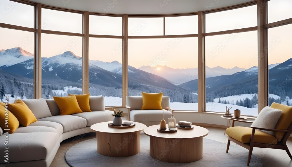 Scandinavian minimalist home interior design features a round wooden coffee table near beige sofas and an armchair against a floor-to-ceiling panoramic window with a winter mountain view Scandinavian minimalist home interior design features a round wooden coffee table near beige sofas and an armchair against a floor-to-ceiling panoramic window with a winter mountain view