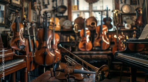 Violin and Trombone in a Music Shop.