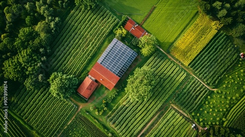 A dairy farm with a lot of agricultural land in the top view. Install solar panels to create electricity, give cows shade, and lessen heat exhaustion