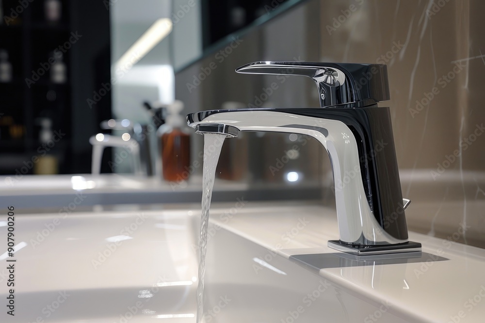 Clean Modern Faucet and Water Running Clean Modern Faucet and Water Running