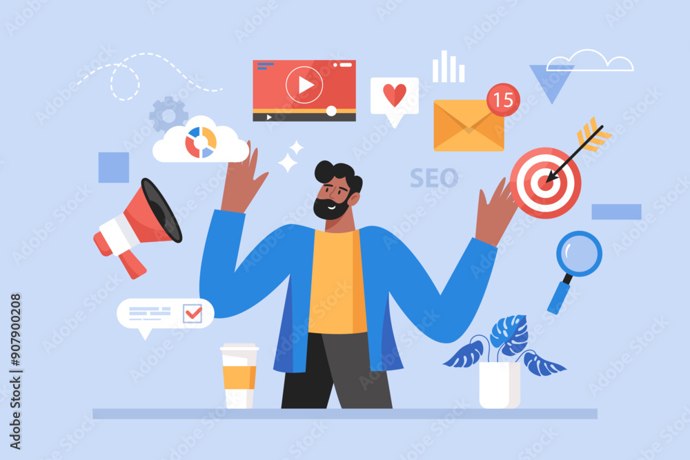 Web marketing and online advertising concept. Modern vector illustration of businessman promoting website, products and social media content Web marketing and online advertising concept. Modern vector illustration of businessman promoting website, products and social media content